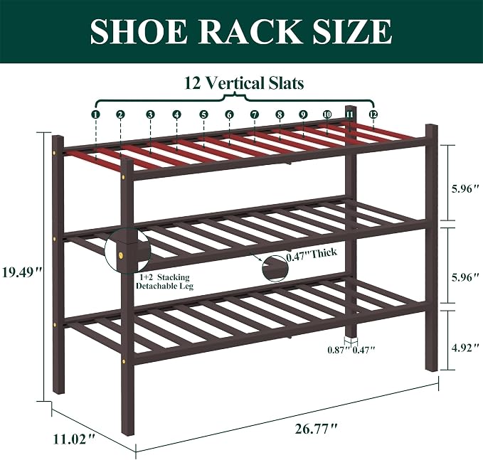 Smiry Bamboo Shoe Rack, 3 Tier Free Standing Wooden Shoe Organizer, Stackable Wood Shoe Storage Shelf for Closet, Entryway, 12 Vertical Slats, 2+1 Stack Standard Legs, 26.8"x11"x19.5", Brown