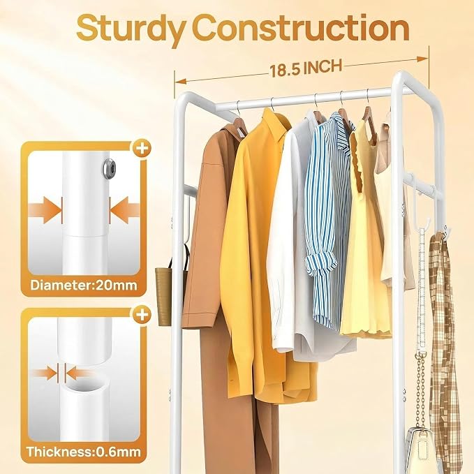 Clothes Rack with Wheels, Freestanding Garment Rack with 3 Metal Shelves for Hanging Clothes, Portable Hanging Rod for Small Room, Bedroom, Bathroom (White)
