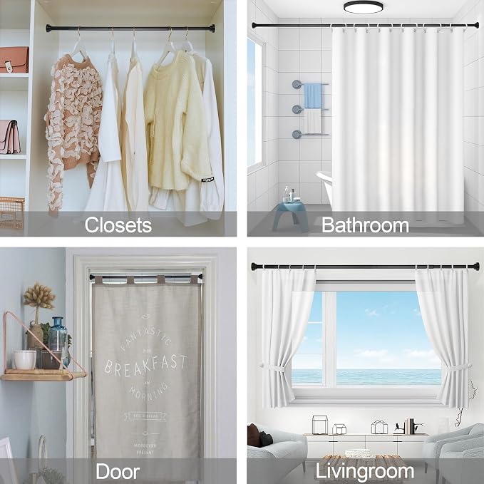 Thestoa Shower Curtain Rod Adjustable 43-66 inch, 1"Diameter Spring Tension Curtain Rod No Drill, Anti-Rust Non-Slip Shower Rod, Black Shower Curtain Rod for Bathroom Tension