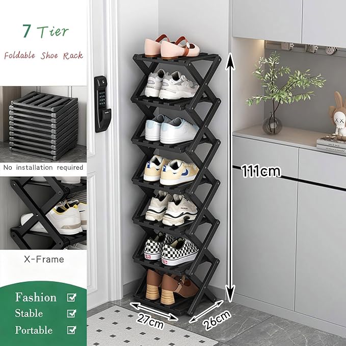 Vertical Narrow Shoe Rack Black, 7 Tier Portable Folding Shoe Storage Rack, Without Installation Free Standing Shoe Rack for Corridors, Bedrooms Living Room Corner and Small Spaces