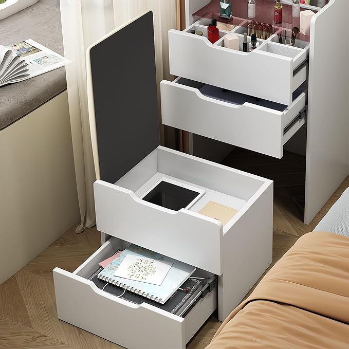3 in 1 Vanity Desk with Mirror and Lights,Small Make Up Vanity Set with Visible Glass Desktop,Compact Makeup Vanity with 3 Drawers & Stool, Dressing Table for Bedroom