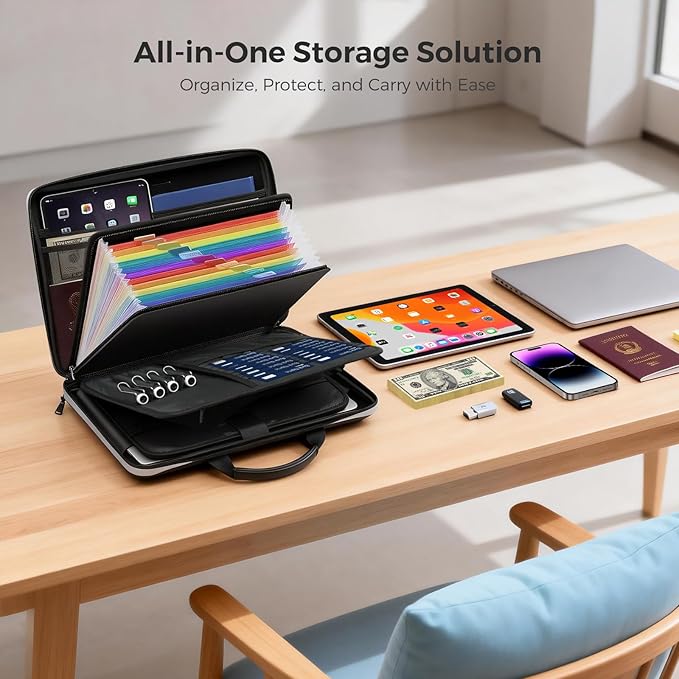 Fireproof Document Box,Hard Case Fireproof File Organizer with Lock 13 Pocket Accordion File Folder Reflective Zipper Portable Safe Box for Home Office Travel to Storage Important Documents Laptop