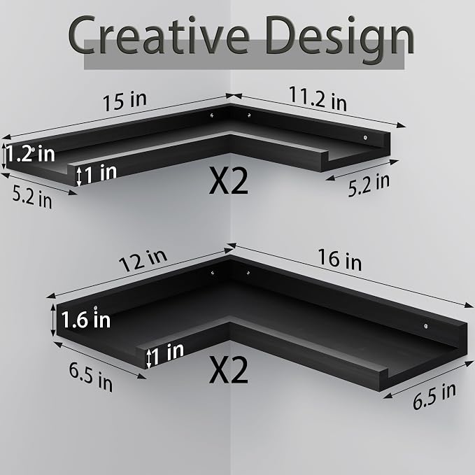 4-Tier L-Shaped Pine Wood Wall Shelf - Floating Corner Shelves with Lip, Black, Modern, Living Room, Bedroom, Bathroom Storage
