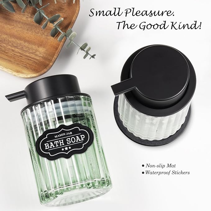 Amolliar Foaming Soap Dispenser, 8OZ Green Glass Soap Dispenser with Plastic Pump, Refillable Hand Soap Dispenser for Bathroom, Kitchen, Shower, Lotion, Dish Soap Dispenser, Home Decor, Black 1 Pack
