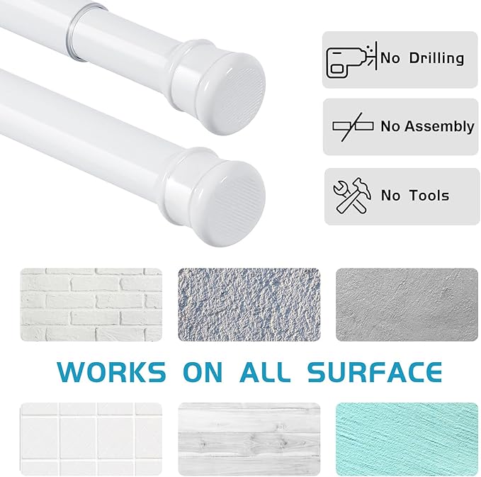 2 Pack No Sectional Assembly Tension Curtain Rods 28-48 Inch | 1" Diameter Spring Long Adjustable Shower Curtain Rods for Bathroom Windows Closet No Drilling No Rust, White