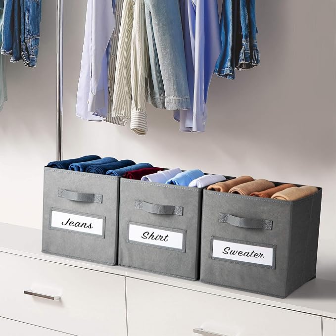 Fabric storage cubes (Set of 8) 11 Inch Cube Storage Bin, cube storage with 8 Labels Window Cards & a Pen, Foldable cube organizer bins, 11x11 storage bin, Cubby Organizer bins, Gray
