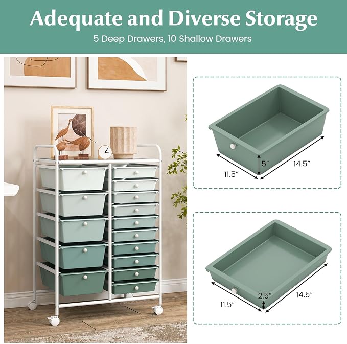COSTWAY 15 Drawer Rolling Storage Cart, Mobile Storage Organizer | Removable Drawers & Metal Frame, Multipurpose Utility Tools Paper Organizer on Wheels for Home, Office (Green Gradient)
