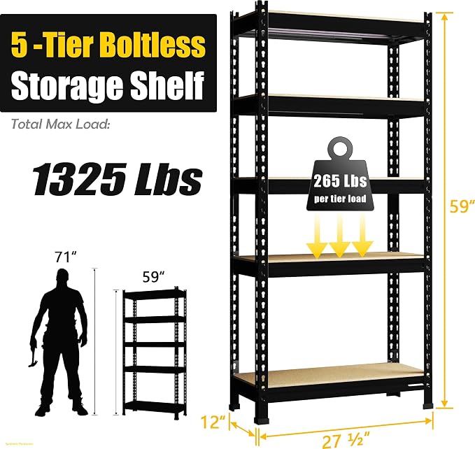 PrimeZone Storage Shelves 5 Pack 5 Tier Adjustable Garage Storage Shelving, Heavy Duty Metal Storage Utility Rack Organizer Shelf Unit for Warehouse Pantry Closet Kitchen Basement, Black