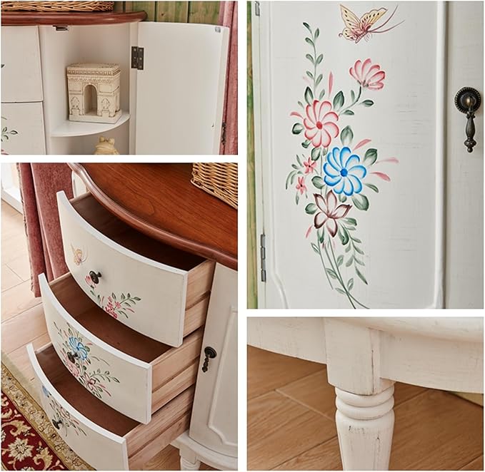 Solid Wood Storage Chest Dresser - Storage Cabinet with 3 Drawers 2 Side Doors,Retro Floral Pattern Drawers Jewelry Box Storage for Hallway/Living Room/Bedroom