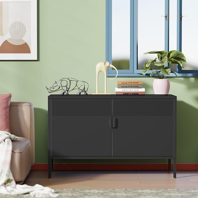Ustamio Black Wide Metal Locker Storage Cabinet, 2 Door Accent Cabinet for Home and Office, 2 Tier Low Metal Cabinet With Doors and Shelf, Multipurpose TV Stand
