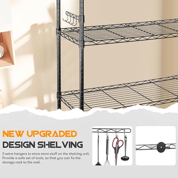 YNN Storage Shelves,1750Lbs 5 Tier Heavy Duty Metal Rolling Shelving Unit with Wheels & 8 Hooks, Adjustable Garage Wire Rack for Kitchen, Bathroom,Industrial,Pantry(36" W x 14" D x 72" H,Black)