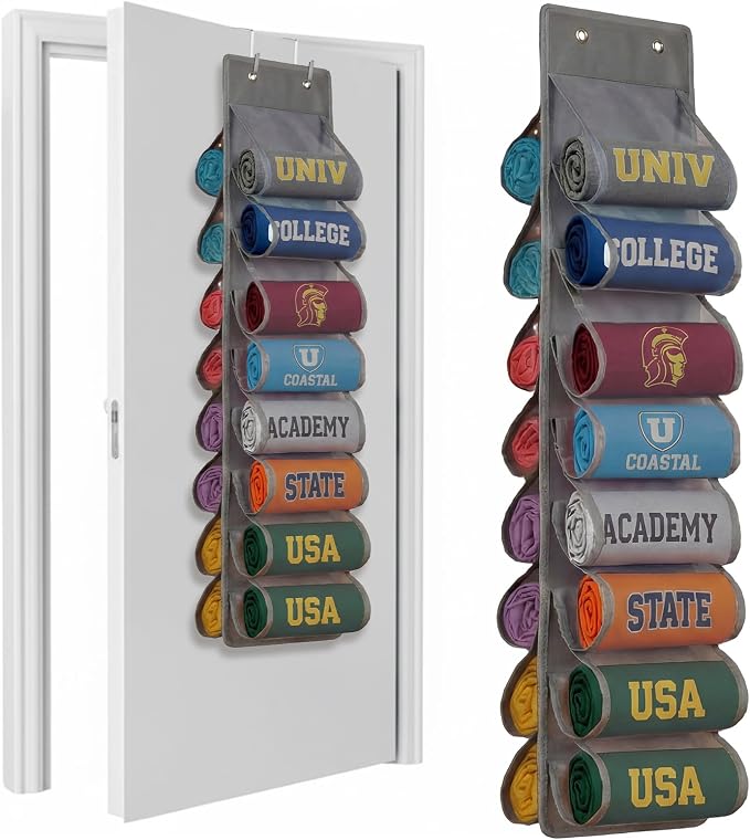 Over The Door Hoodie Organizer, Double Sided Holds 16 T-Shirts, White Hanging Storage with 2 Hooks and Rope for Door Closet Cabinet Use, Ideal for Dorm Rooms Bedroom (Gray)