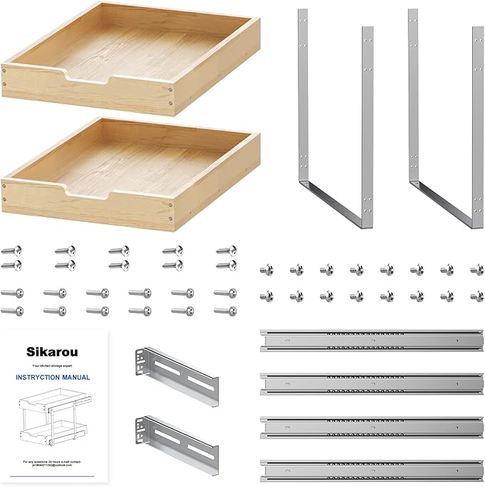 Sikarou Wood Pull Out Cabinet Organizer 2 Tie 23" W x 21" D, Heavy-Duty Sliding Drawers for Inside Cabinets Storage and Organization for Kitchen, Pantry, Bathroom