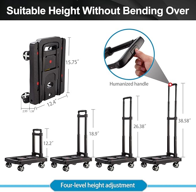 Folding Hand Truck Lightweight Hand Truck Dolly Foldable,Luggage cart with 4 Rotate Wheels, Utility Cart with Adjustable Handle,Collapsible Dolly for Moving