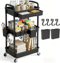 3 Tier Rolling Utility Cart with Drawer, Plastic Storage Organizer Rolling Carts with Wheels Handles Hanging Cups Hooks for Office, Bathroom, Kitchen,Craft Art Room (Black)