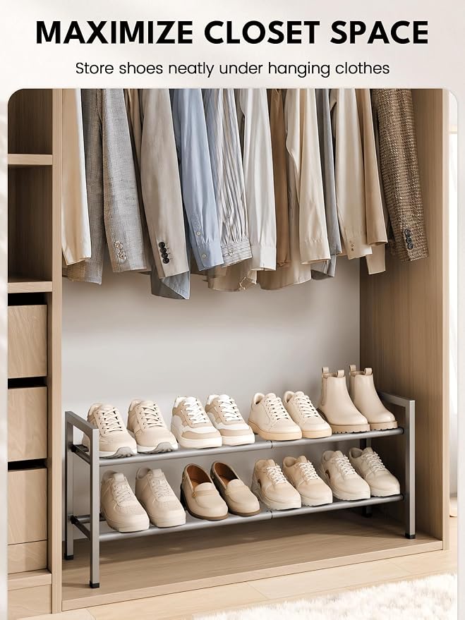 Bumusty 2 Tier Expandable Shoe Rack for Closet, 18“-33” Adjustable Shoe Rack for Small Space, Small Shoe Organizer for Front Door, Sturdy Metal, Light Grey