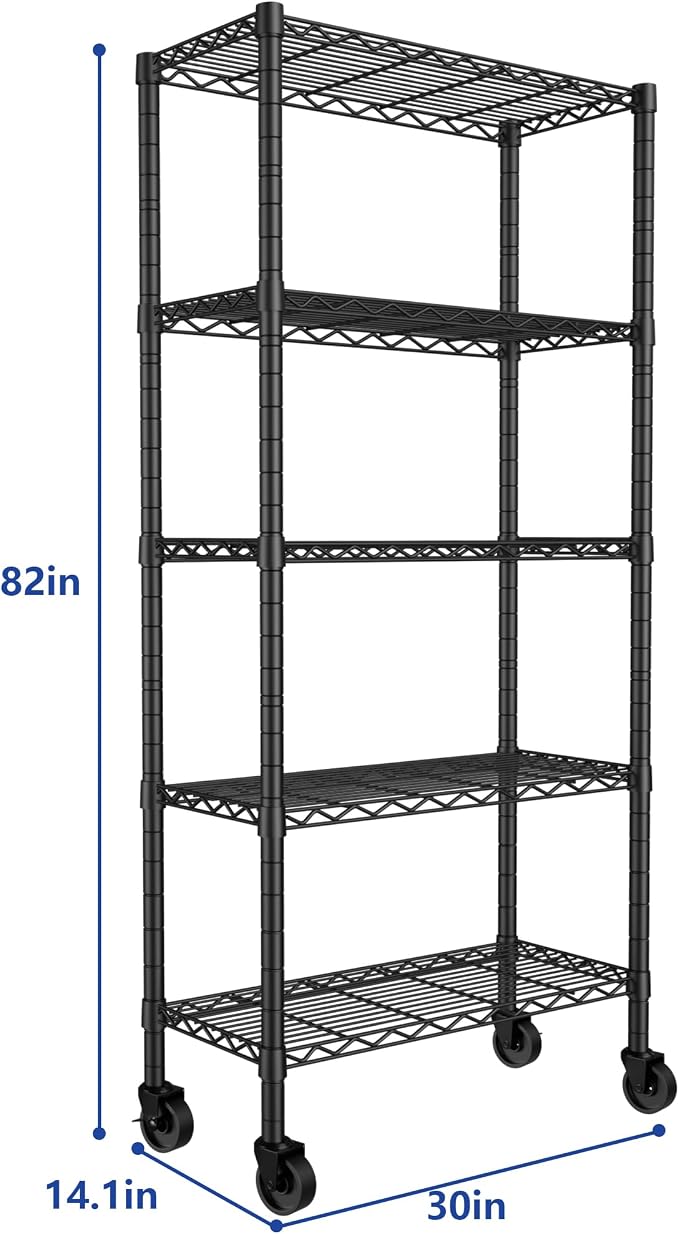 REGILLER 5-Wire Shelving Metal Storage Rack Adjustable Shelves,Standing Storage Shelf Units for Laundry Bathroom Kitchen Pantry Closet(Black,14.1" D x 30" W x 82" H,With Wheels)