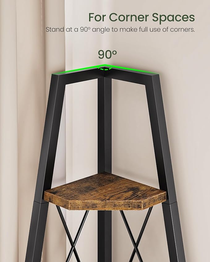 CHOEZON 5-Tier Corner Shelf, Corner Bookshelf, Ladder Shelf, Floor Standing Storage Rack, Open Display Stand, Plant Stand, for Living Room, Bedroom, Study, Bathroom, Rustic Brown and Black TCJ22BF