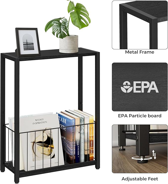 Homleke Narrow Side Tables Set of 2 with Magazine Holder, Skinny End Tables | Space-Saving Design, Small Spaces, Storage Shelf, Metal Frame, Easy Assembly, 7.1" D x 16.9" W x 23.6" H, Black