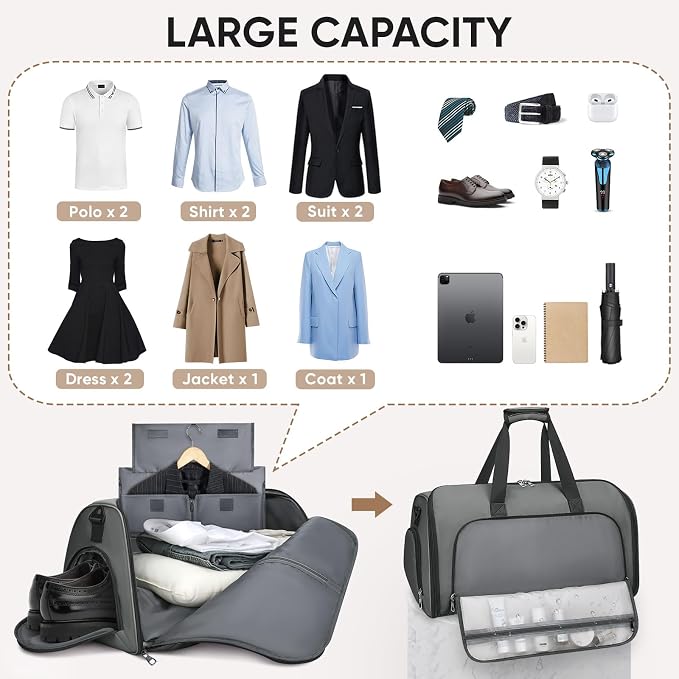 BALEINE Travel Garment Bag, Travel Suit Bag for Men, Water Resistant Carry on Garment Bag for Hanging Clothes, Garment Duffel Bag for Travel Business (Dark Gray-Convertible)