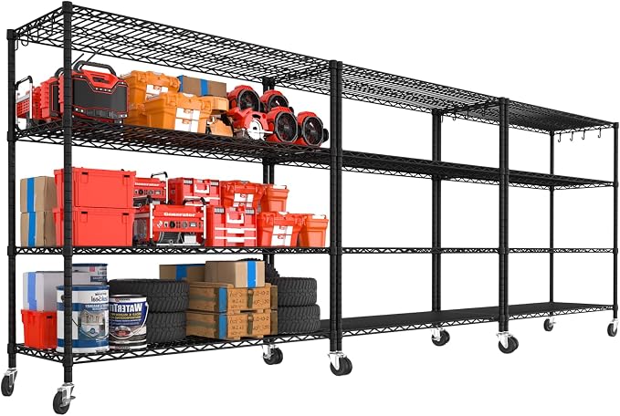 PrimeZone 3 Packs 55.5" W x 24" D x 80" H Heavy Duty Wire Storage Shelves with Wheels, 4 Tier Adjustable NSF Commercial Garage Shelving Unit, Rolling Metal Organizer Shelf Rack for Warehouse, Pantry