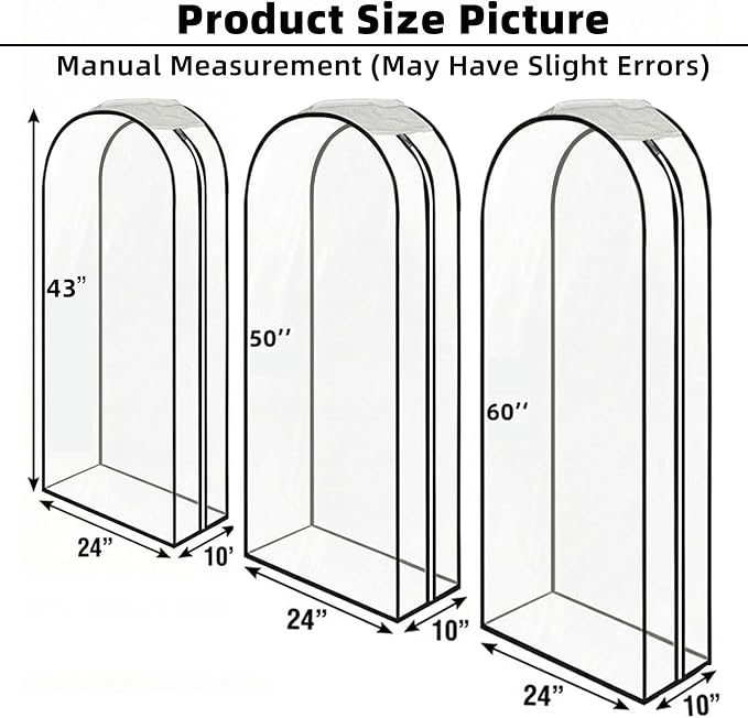 Clear Garment Bags for Hanging Clothes 3-piece set(43,50,60) inches Storage Bags With Zipper for Shirts, Suit,Jackets,Coats,sweater,Long Dresses,wedding,gowns,etc.