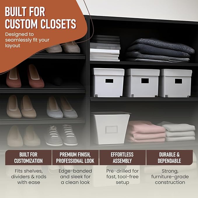 B&B HARDWARE Closet Evolution Classic Vertical Panels Up to 80 Inch – Pre-Drilled Organizer Units – Scratch Resistant Laminate, Compatible with Closet Systems & Accessories (Black, Pack of 2)