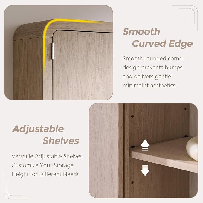 Over the Toilet Storage Cabinet, 69.69" Curved Bathroom Storage Organizer Cabinet with Doors and Adjustable Shelves, Wooden Free Standing Toilet Space Saver Rack, Cream