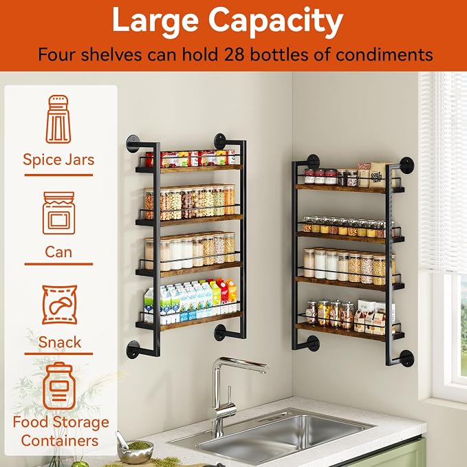 IBUYKE 4 Tier Spice Rack Wall Mount for Kitchen,Brown TLJ016H | Hanging Seasoning Organizer Large Spice Rack for Wall Spice Organization for Kitchen Cabinet Bathroom Pantry Living Room