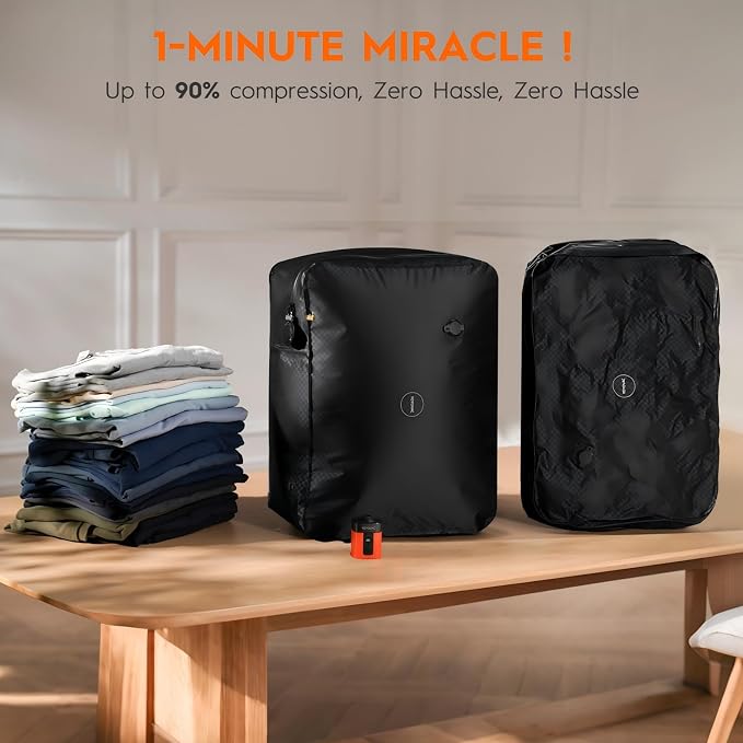 43L Max Capacity Vacuum Suitcase Compression Bags with Wireless Pump - Space Saver Bags for Travel Luggage, No Checked Baggage, Reusable, IP68, Fits 20/24/28 Inch Suitcases (No Tracker)