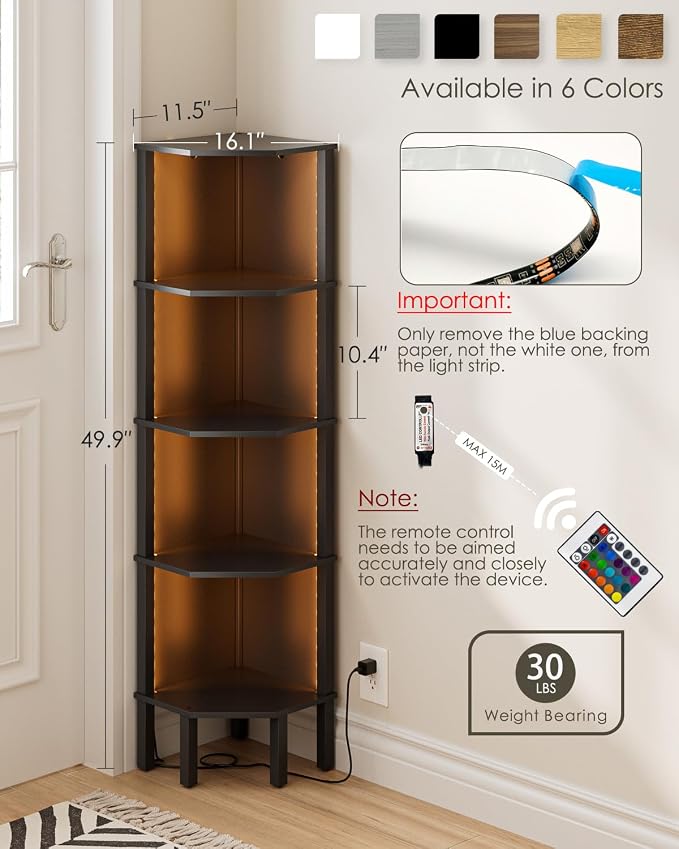 Corner Shelf Stand, 5 Tier Corner Bookshelf,Corner Furniture for Bedroom Display Corner Shelf for Small Space,Wood Shelves with Storage Rack for Living Room,Office,Black