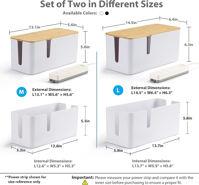 ZhiYo 2 Pack Cable Management Box, Large & XL, Power Strip Organizer, White | Extra-Tall Design for Oversized Adapters, Fits Power Strips Up to 13.4" Long, Natural Bamboo Lid, Ideal for Desks, TV Areas