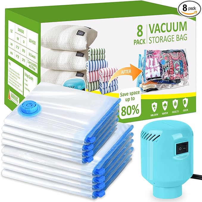 Vacuum Storage Bags with Electric Pump, 8 Pack (4 Jumbo 4 Large Vacuum Seal Bags for Clothing) Storage Bags Vacuum Sealed Bags for Travel, Luggage, Bedding, Blankets
