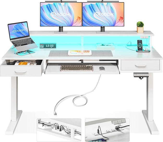 AODK 55 Inch Electric Standing Desk with Drawers & Keyboard Tray, White | 3 Outlets & 2 USB Ports, 20-Mode LED Lights, Monitor Stand, Cable Management Tray, 3 Memory Heights, 29.9"-46.1" in Range