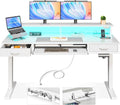 AODK 55 Inch Electric Standing Desk with Drawers & Keyboard Tray, White | 3 Outlets & 2 USB Ports, 20-Mode LED Lights, Monitor Stand, Cable Management Tray, 3 Memory Heights, 29.9"-46.1" in Range