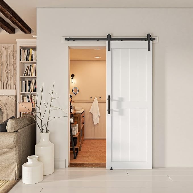 32''x84'' Sliding Barn Door with 6 Ft Barn Door Hardware Kit | Pre-Drilled Holes Easy Assembly - Include Installation Manual, Water-Proof PVC Surface, H-Frame, White