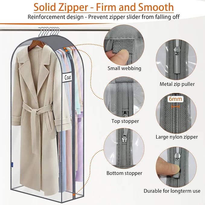 Clear Garment Bags for Hanging Clothes 10" Side Gusset, Suit Bags for Closet Storage, Suit Cover for Shirts Coats Dresses (24"X62"X10" 3Pack)