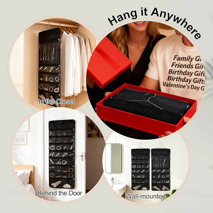 Hanging Jewelry Organizer Storage Roll 41 Pockets and 7 Necklace Hooks with Detachable Hanger Double-Sided Foldable, Travel Jewelry Holder for Earrings, Rings, Bracelets, Hanging on Closet, Wall, Door