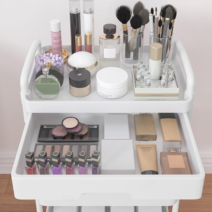 Calmootey 5-Tier Rolling Utility Cart with Drawer,Multifunctional Storage Organizer with Plastic Shelf & Metal Wheels,Storage Cart for Kitchen,Bathroom,Living Room,Office,White | Space-Saving Organizer, Sturdy Plastic Shelves, Smooth-Rolling Metal Whee...