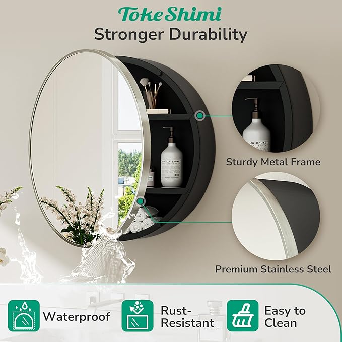 TokeShimi 26 x 26 Round Medicine Cabinet with Mirror, Brushed Nickel Circular Bathroom Medicine Cabinet with Stainless Steel Metal Frame, Detachable Shelves, Shatterproof, Wall Mounted Only