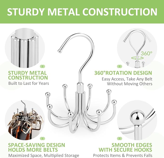 Belt Hanger, Rotatable Belt Organizer Rack for Closet Sturdy Max 24 Belts Storage with 8 Hooks, Hanging Space Saving Closet Organizers for Belts Holder, Silver