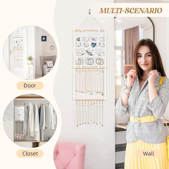 Hanging Jewelry Organizer with 20 Hooks & 14 Pockets for Women | Wall Mounted Necklace Holder Organizer With Detachable PVC Bags for Tavel, Jewelry Necklace Earring Bracelets Display