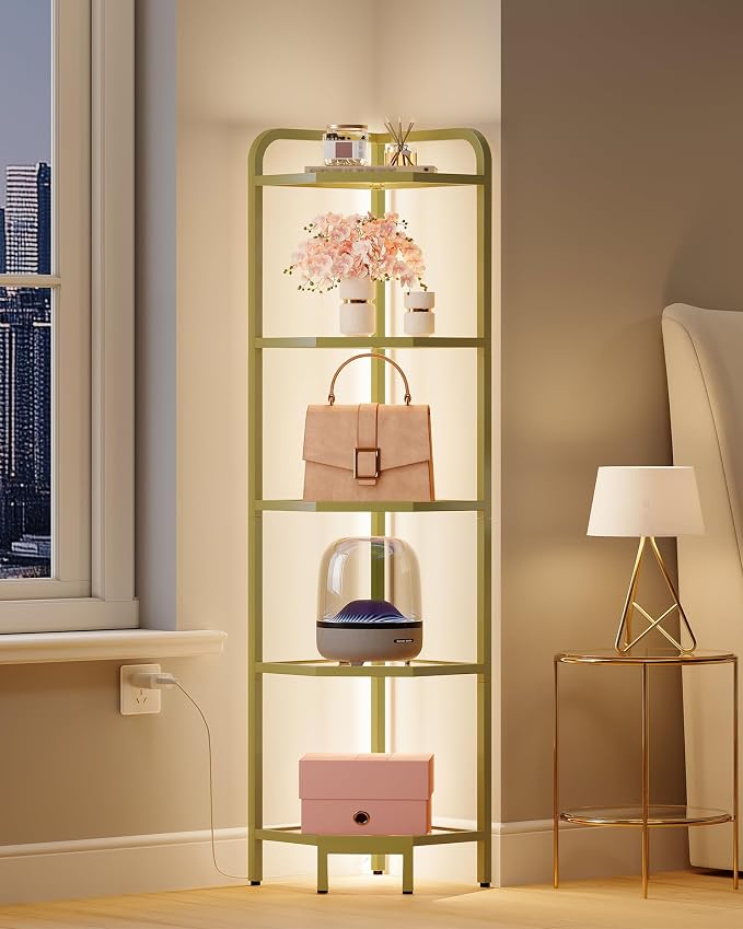 Hzuaneri Corner Shelf with LED Lighting, 6-Tier Glass Bookshelf | Steel Frame, Tempered Glass, Modern Style Corner Shelf, Suitable for Living Rooms, Bedrooms and Games Rooms