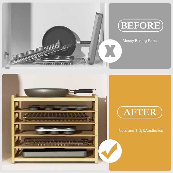 6 Tier Wooden Tray Dividers for Cabinets, Cookie Sheet Organizer for Cabinet, Vertical Tray Dividers for Storing pans, Baking trays, Cutting Board