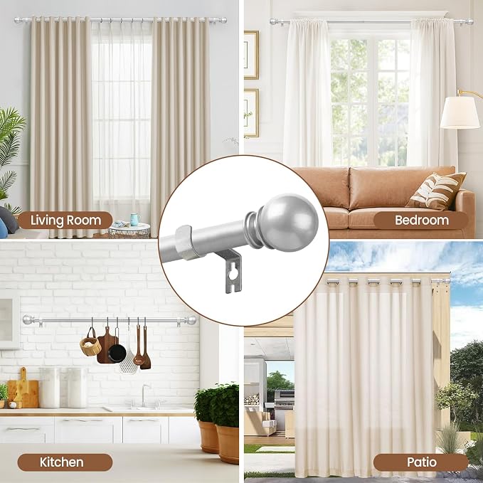 Silver Curtain Rod for Windows 48 to 84 or 88 Inch, 5/8 Inch Diameter Adjustable Curtain Rods With Brackets, Heavy Duty Easy to Install, Suitable for Bedroom and Outdoor