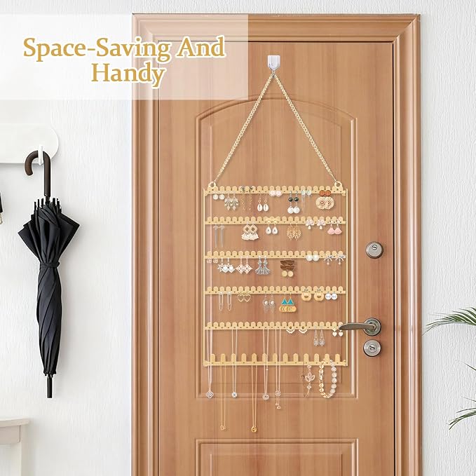 6 Tier Earring Holder Wall Mounted Hanging Earring Organizer Gold | Earring Display Storage with 123 Holes and 129 Grooves Jewelry Organizer Tree for Stud/Hoop/Dangle Earrings Necklace