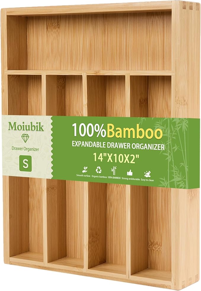 Bamboo Expandable Silverware Drawer Organizer, Adjustable Utensil Tray Cutlery Holder for Kitchen Drawer, Flatware Storage Organizer for Spoons, Forks and Knives, Natural (5 Slot,)