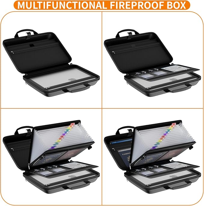 Fireproof File Organizer with Lock, Hard Case Fireproof Document Box with 13 Pockets Accordion File Folder, Important Document Organizer for Letter A4 Files Laptop Passports (Black)