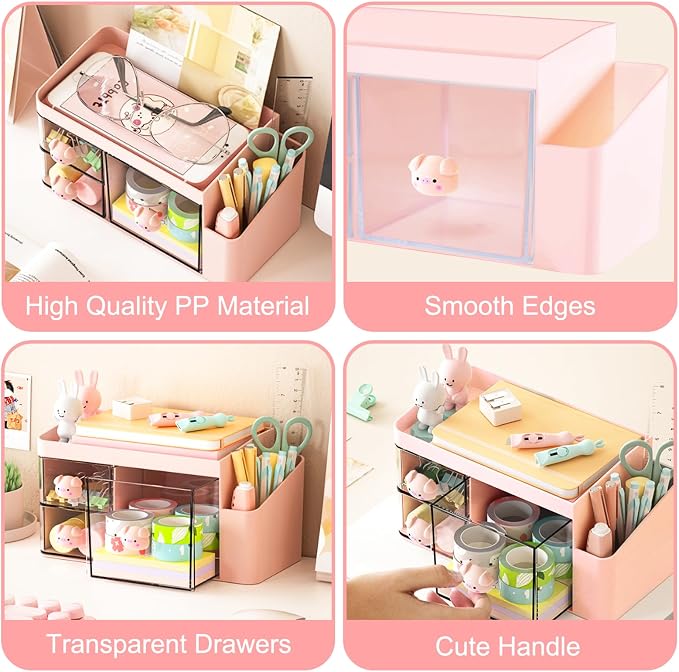 SAYEEC Desk Organizer with 3 Drawers Multi-Functional Makeup Organizer with 5 Compartments Plastic Pencil Pen Holder Desktop Storage Box Desk Accessories Caddy for Vanity Office Home Art Supplies Pink