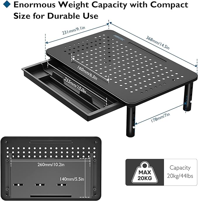 BONTEC 2 Pack Adjustable Monitor Stand Riser with Drawer, Supports 44lbs | Ergonomic Mesh Platform for Desk, Ventilated Laptop and PC Use with Cable Management for a Cooler, Organized Workspace